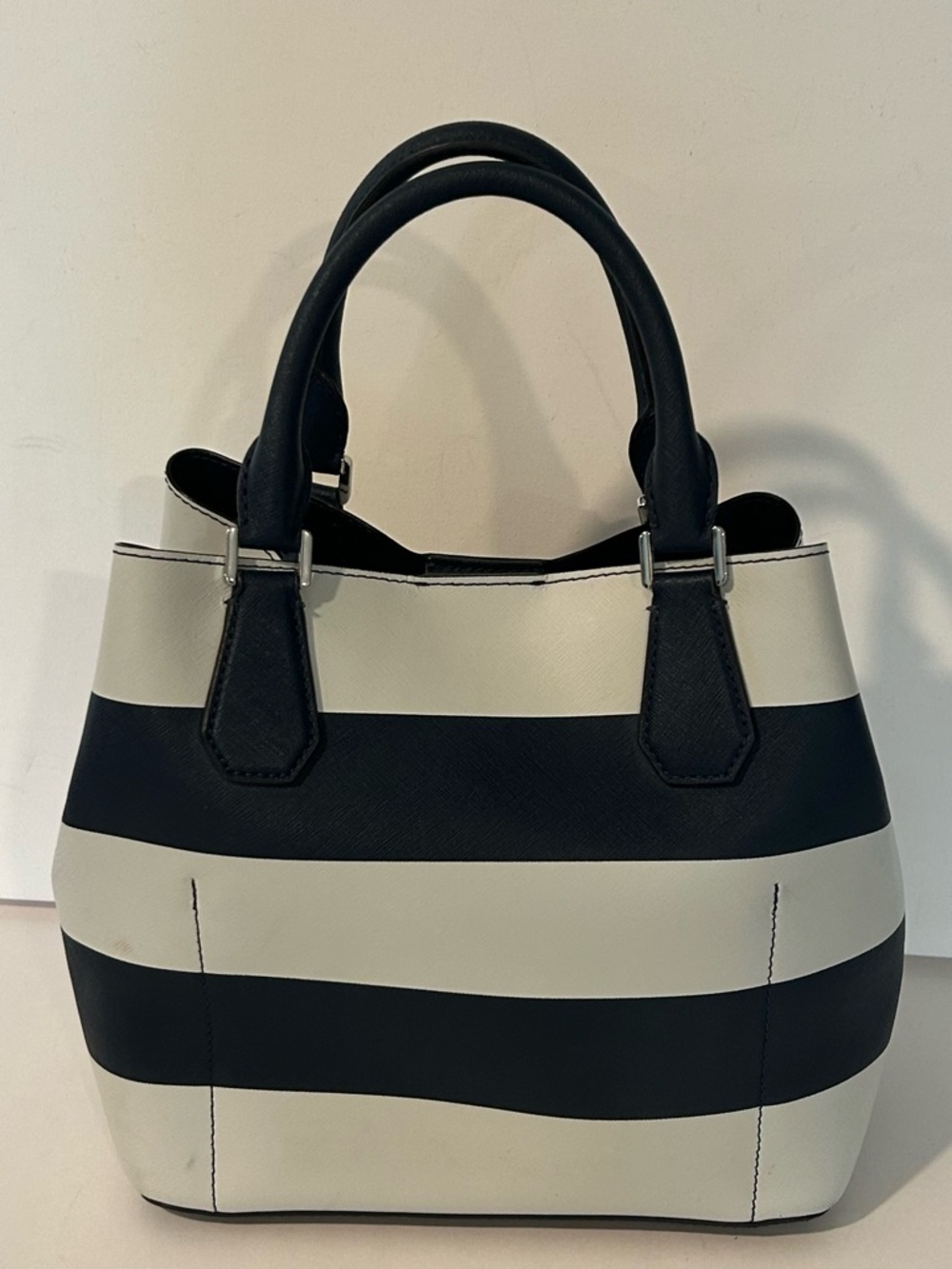 Michael Kors Navy White Stripe Satchel Structured bag vacation - Picture 7 of 12